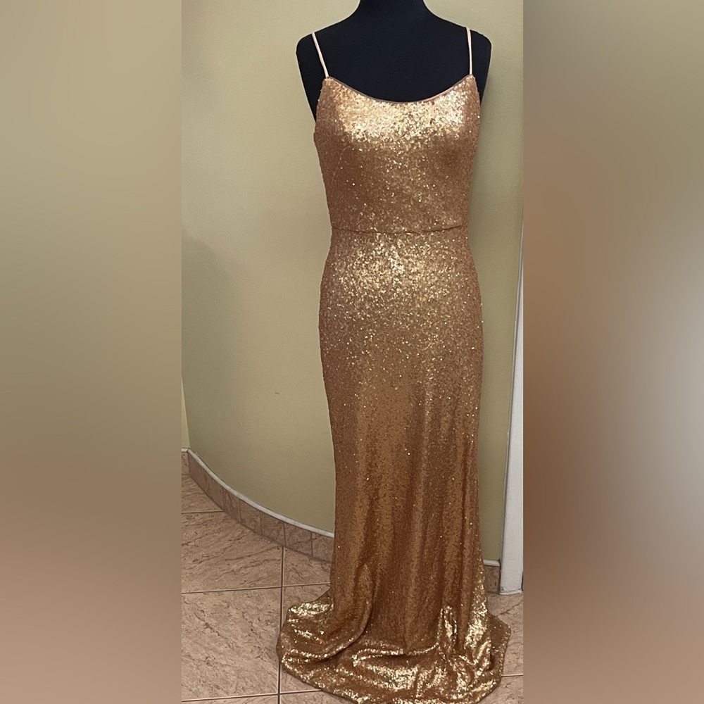 Marchesa Gold Sequin Maxi Dress /with lining stretch size8